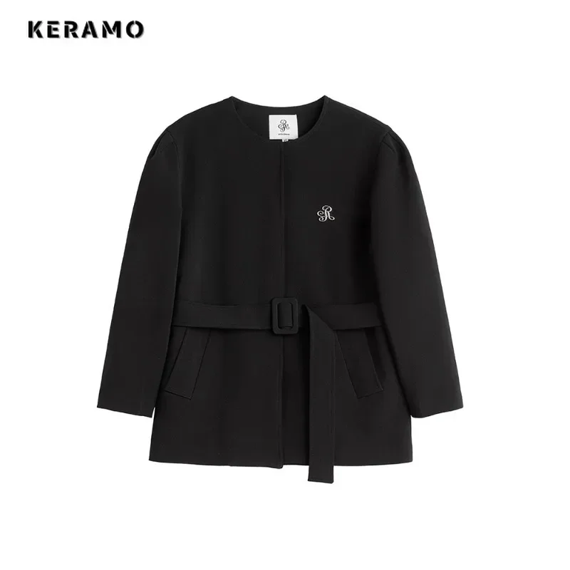 Women Vintage Office Lady Round Neck Long Sleeve Black Blazers 2024 Winter Casual Retro Belted Design Solid Color Tailored Coat