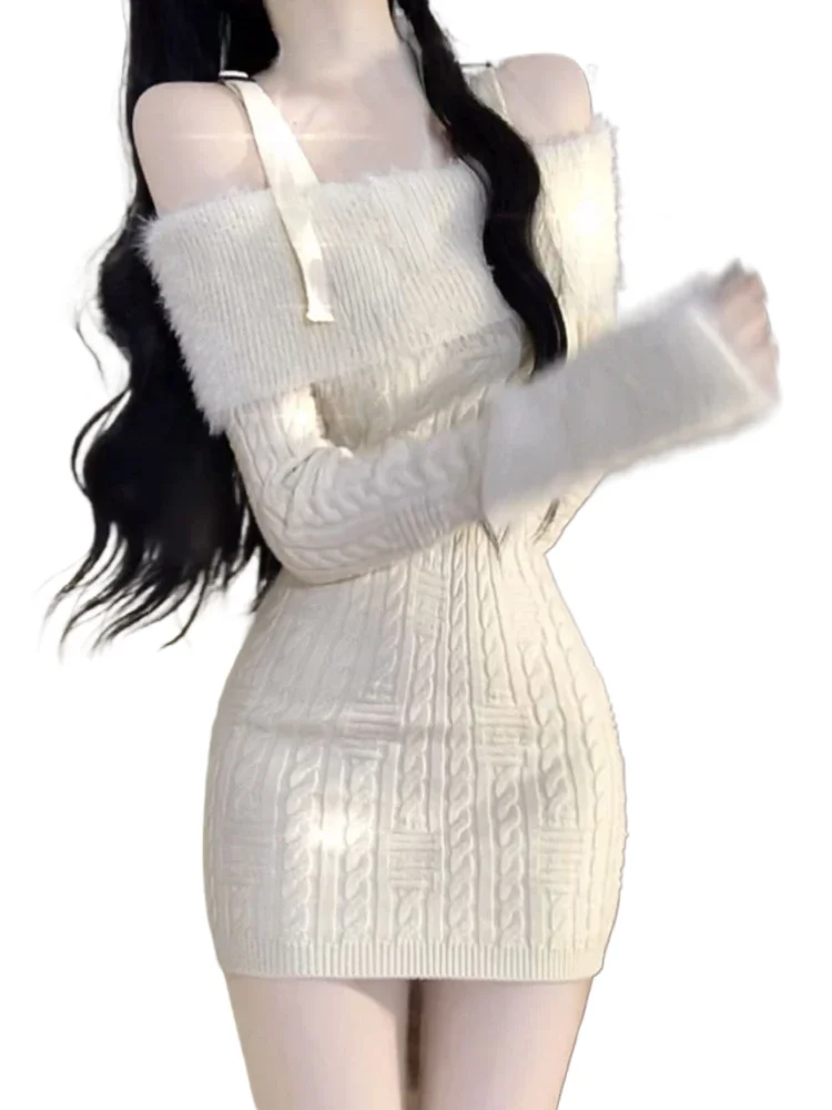 

Sexy Knitted New One Piece Dress Women Off Shoulder Sweet Vintage Y2k Mini Dress Female Korean Fashion Chic Sweater Dresses 2024