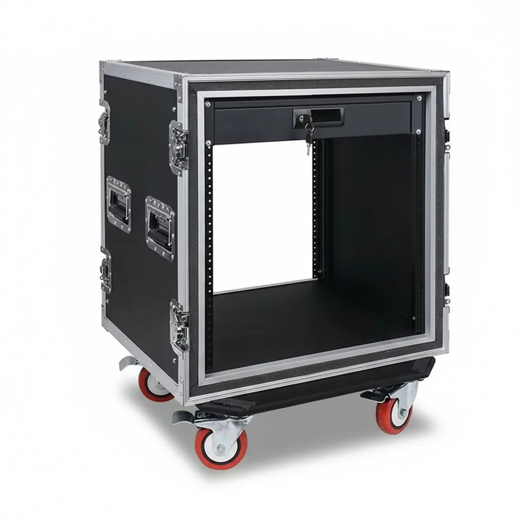 

12U Shock Mount Case, 19 inch 9mm Plywood Aluminum Rack Box, ATA Flight Case with 2U Drawer, DJ PA Gear Transport Road Case