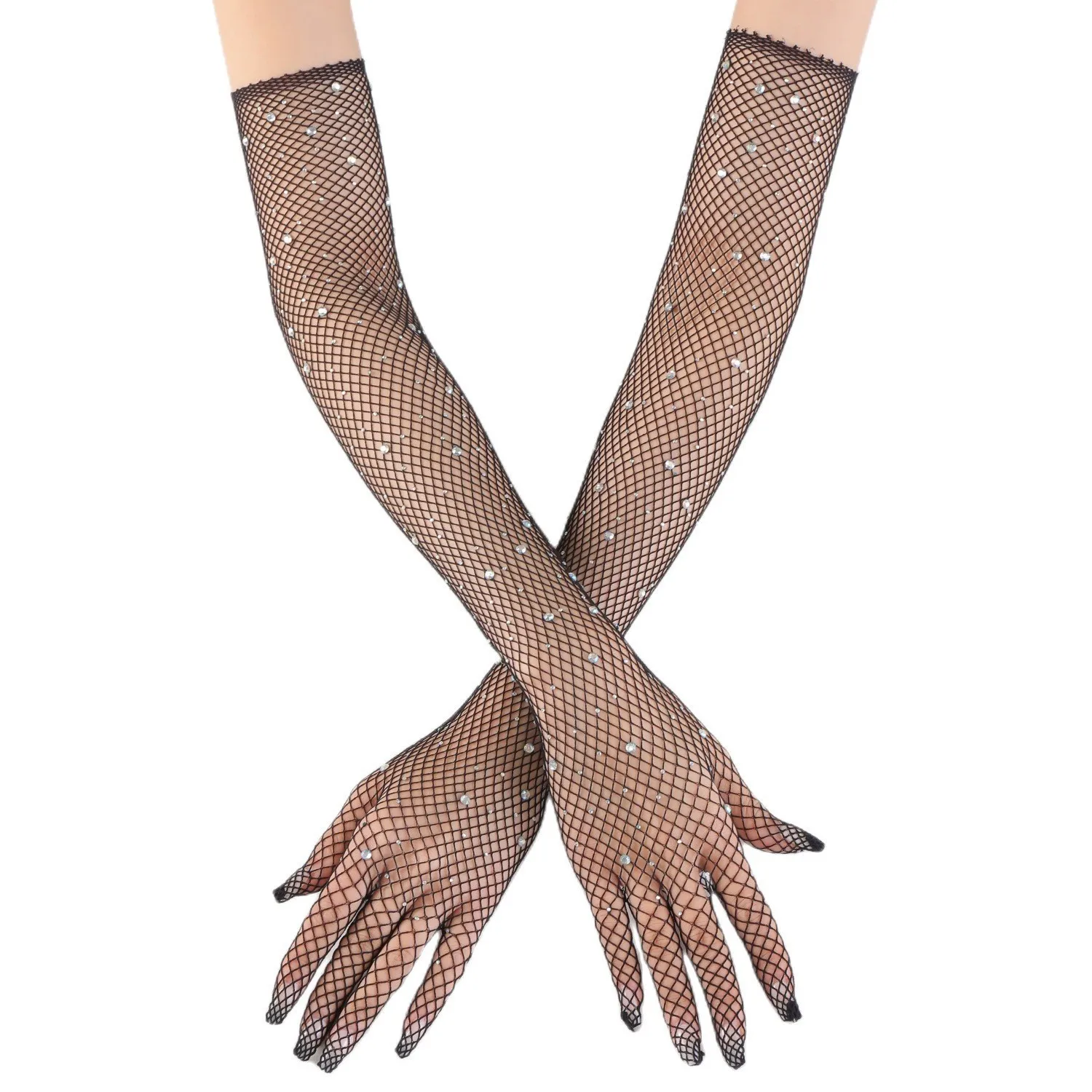 A pair of high elasticity diamond studded sexy nightclub style fishing net gloves