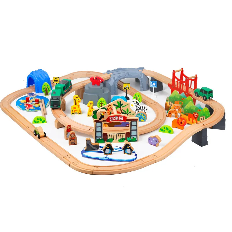 Conjunto de tren de madera para el Zoo, juguete educativo Compatible con vías y coches eléctricos, 82 piezas, Pd42