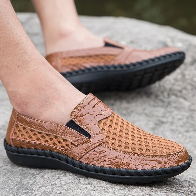 Sapatos masculinos de malha respirável, tênis antiderrapante para escorregar, tênis de direção de topo baixo, moda ao ar livre, tamanho grande 46, primavera