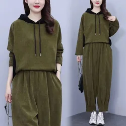 6XL Large Size Casual Hooded Corduroy Two-piece Set Middle-aged Women Pullover Tracksuit Suits Loose Fashion Sportwear Outfit