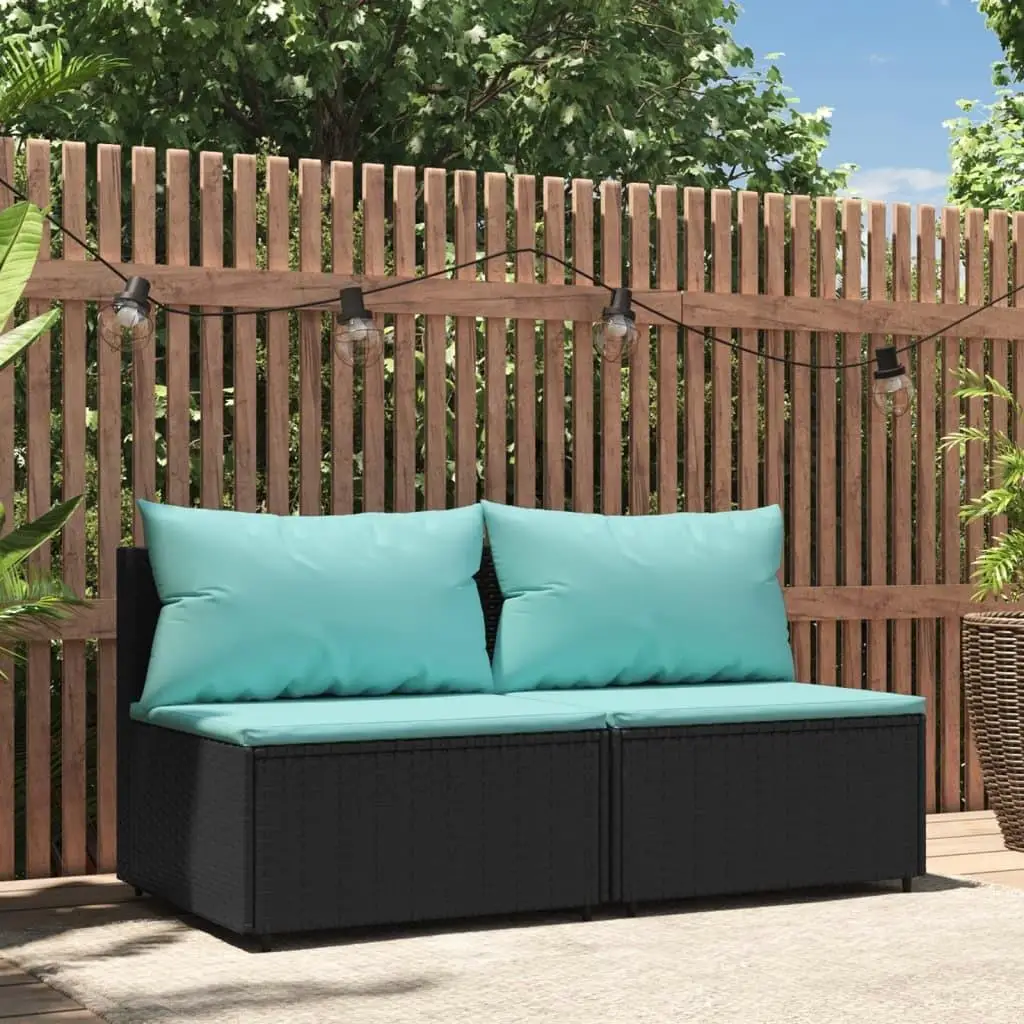 2-Piece Black Poly Rattan Patio Middle Sofas with Cushions - Stylish Outdoor Seating