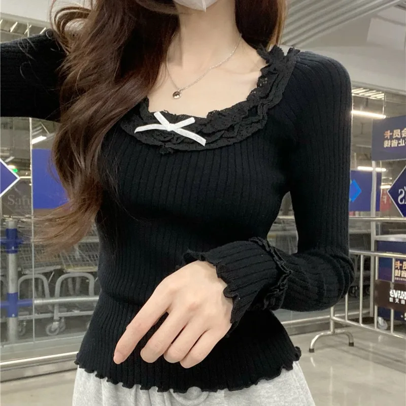 女性用長袖リブニットトップス,クルーネック,韓国プルオーバー,黒,白,リボン,ショート,グレーセーター,秋冬