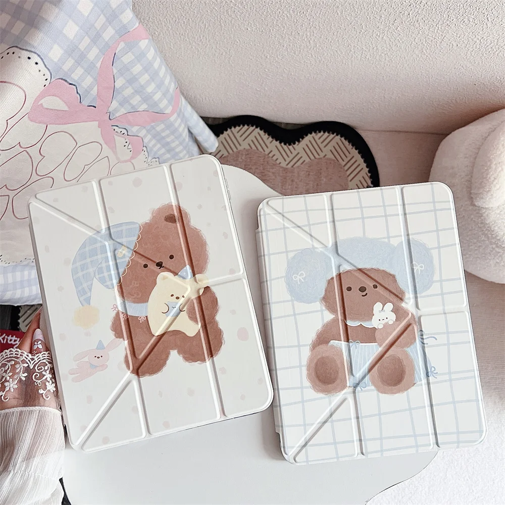 

Plaid Bear Rabbit Cases for iPad 11 A16 2025 Air 7 8 Pro11 13" 12.9 M2 M4 M5 Case 10.2 10th 10.9 8th 9th 11" With Pen Holder