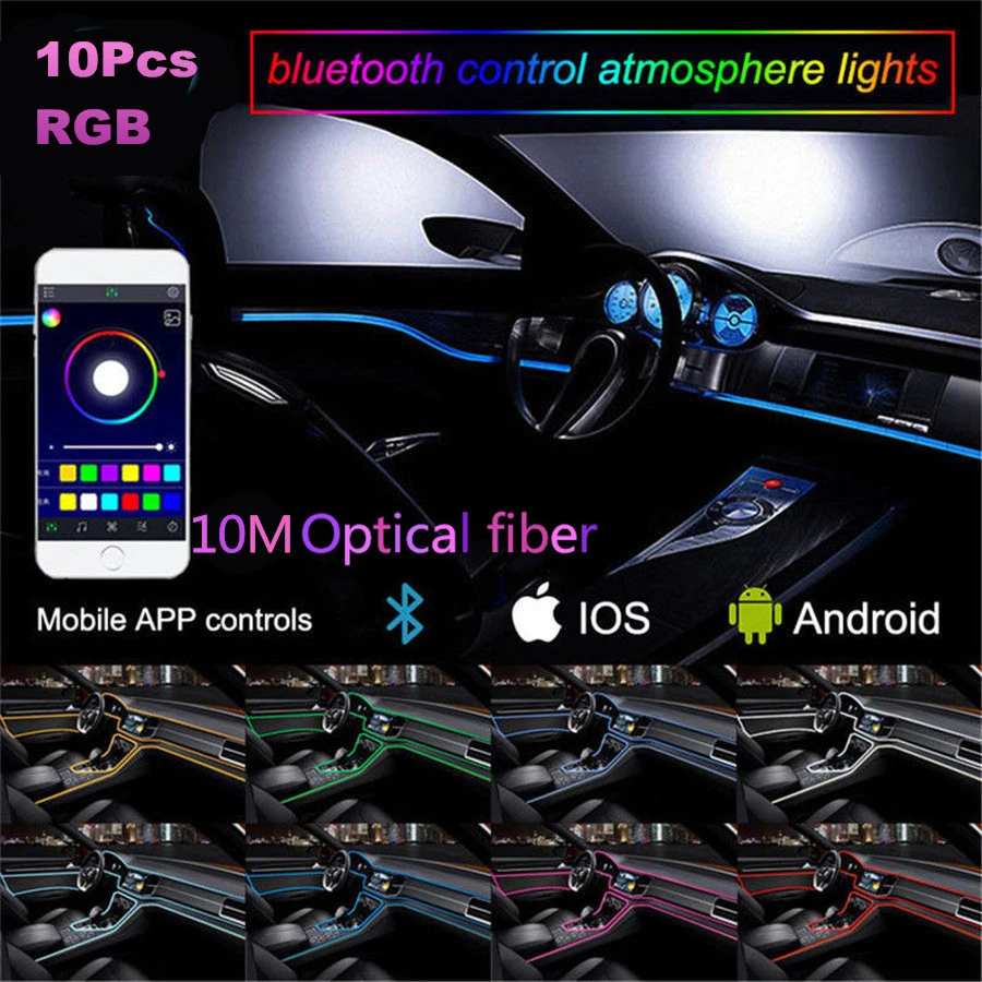 Universal 10 in 1 RGB LED with 10M Car Interior Decor Fiber Optical Strip Light by App Control 12V Decorative Atmosphere Lamps