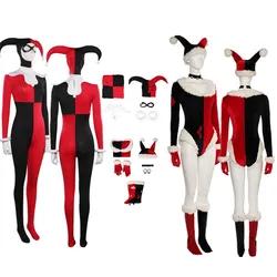 Quinzel Cosplay Adult Women Christmas Clown Costume Fantasy Jumpsuit Hat Disguise Outfits Halloween Carnival Party Suit