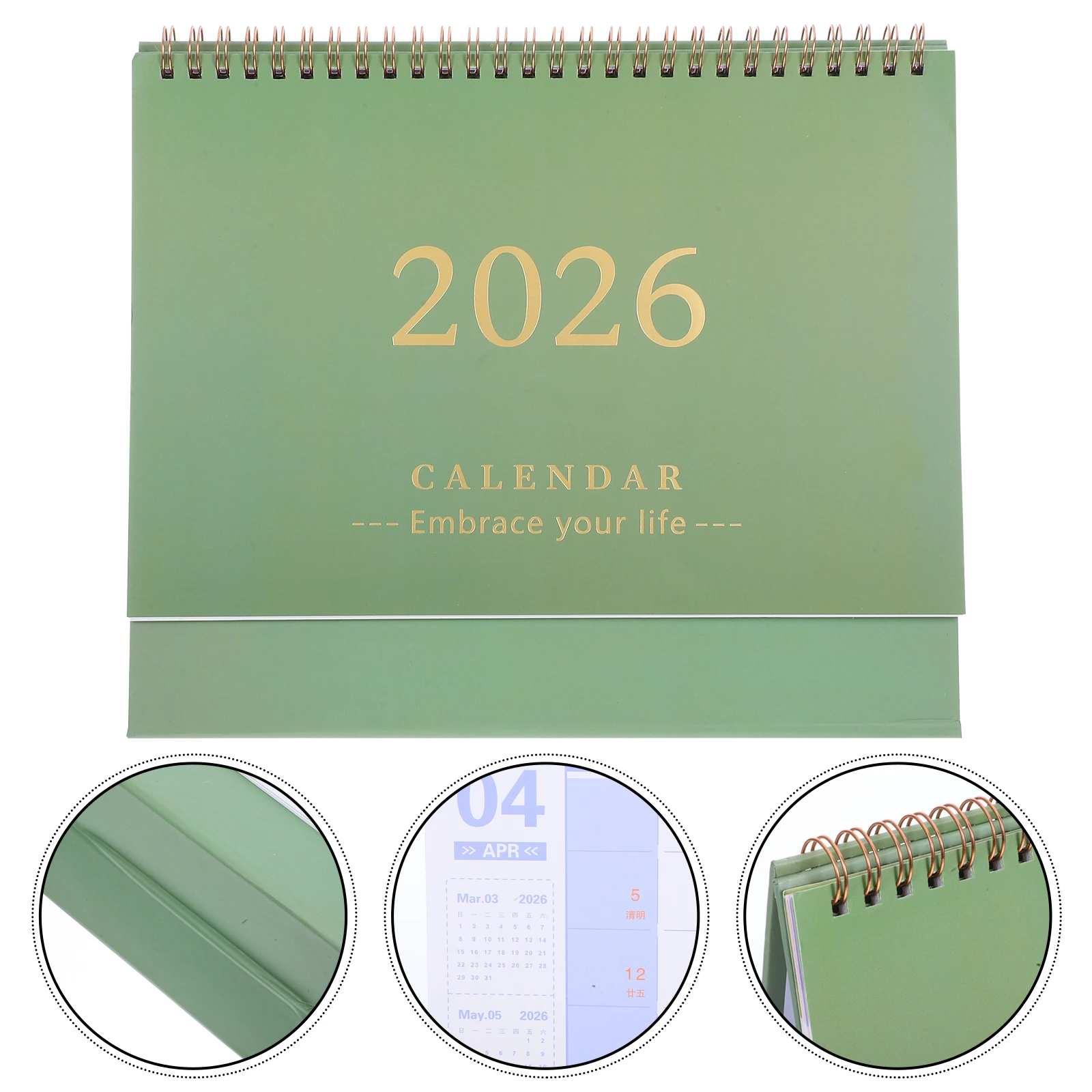 

2026 Green Mini Desk Calendar Modern Foldable Standup Design Thick Paper Prevent Ink Bleedthrough Monthly Schedule