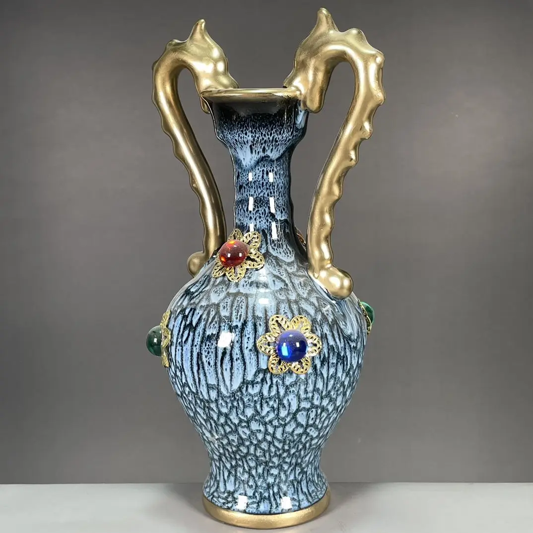 Chinese antique porcelain collection Song Dynasty Jun porcelain kiln gold double dragon ear inlaid gemstone vase