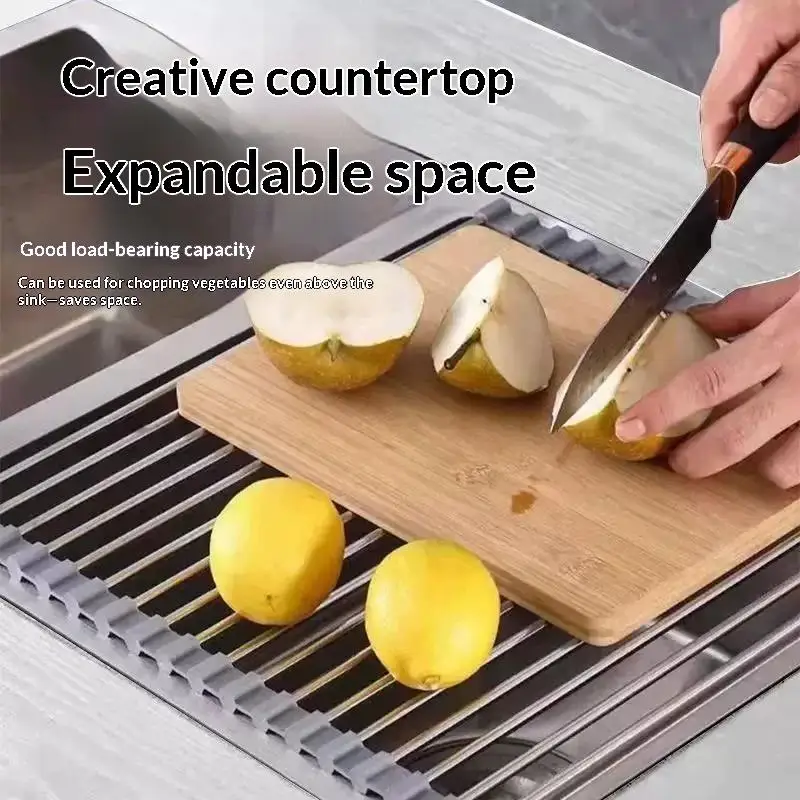 New Roll Up Sink Dish Drying Rack Foldable Stainless Steel Drain Basket Heat Resistant Over Sink Mat For Kitchen Counter Storag
