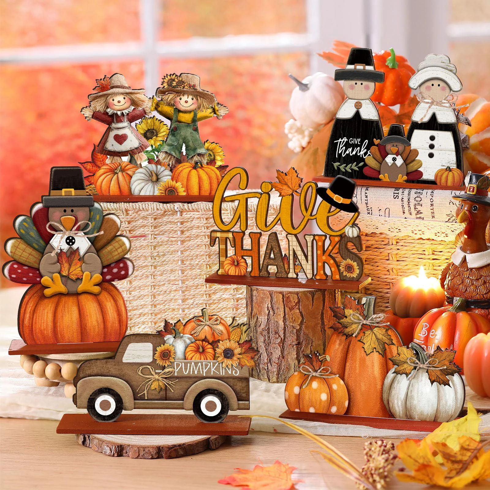 6 قطعة الشكر خشبية منضدية تمثال اليقطين تركيا الفزاعة نمط الخريف الحصاد موضوع الحلي للحفلات المنزلية #5