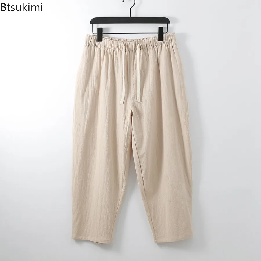 

2025 мужские летние брюки из чистого хлопка, облегающие повседневные брюки с эластичной резинкой на талии для мужчин, свободные однотонные брюки до щиколотки, мужские