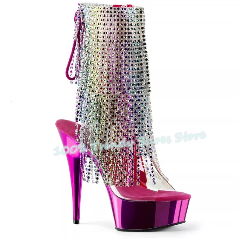 

Luxury Rhinestone Tassels Transparent Sandals Women Peep Toe High Heel Summer Cool Boots Sexy Dance Party Slingback Pumps