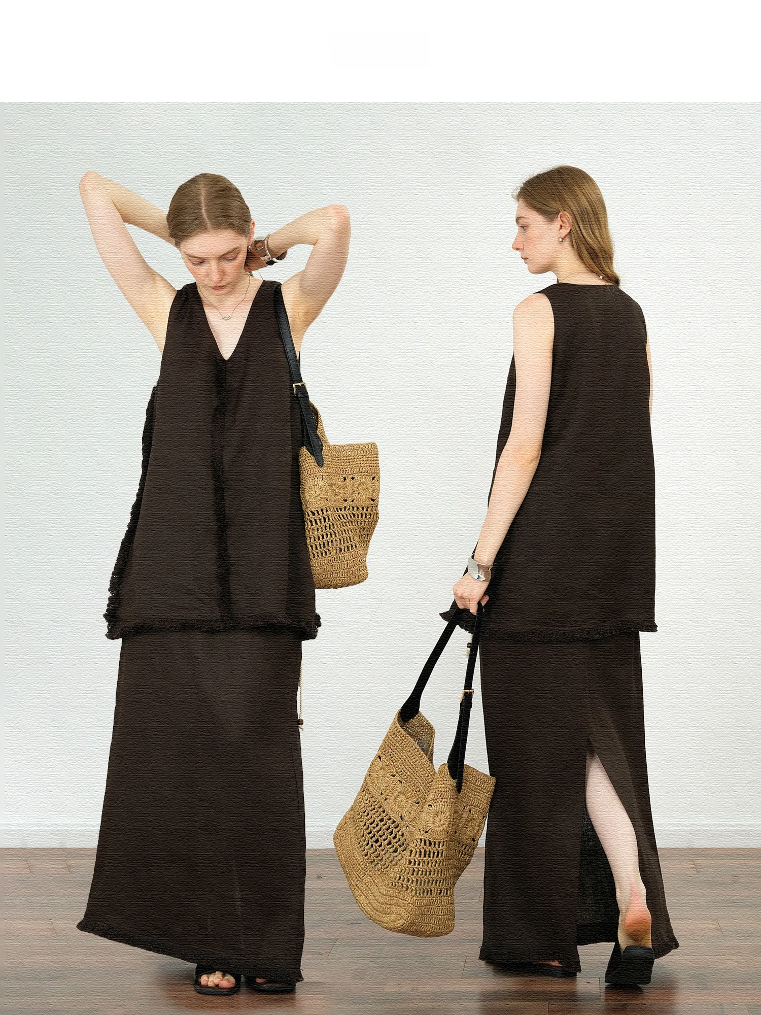 

Льняная длинная юбка, комплект Svel Ba с разрезом и бахромой, свободный крой для поездок на работу, с застежкой на одной пуговице