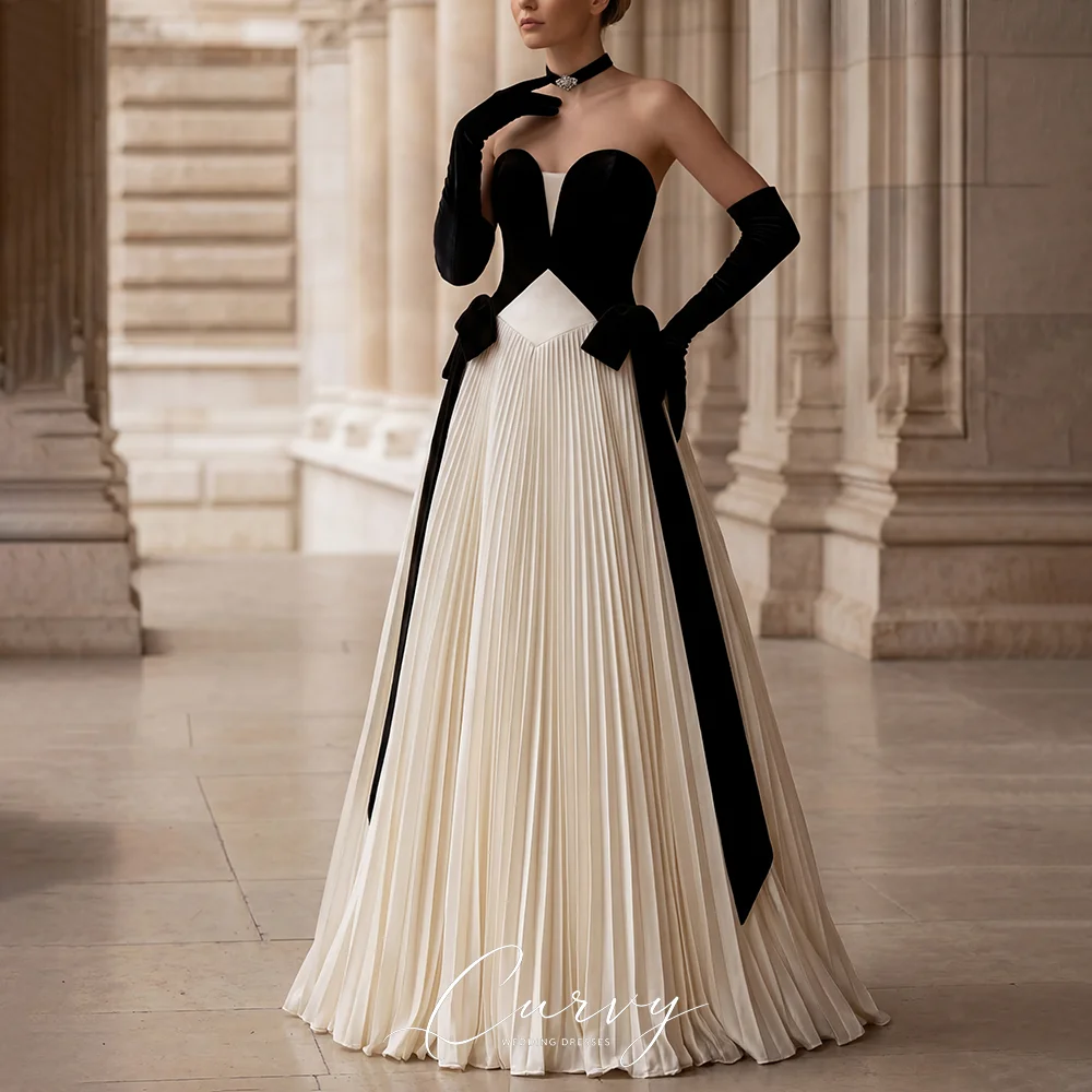 Curvy Vintage Black White Contrast Wedding Evening Dresses Strapless Sweetheart Velvet Pleated Chiffon A Line Bridal Gown 2026