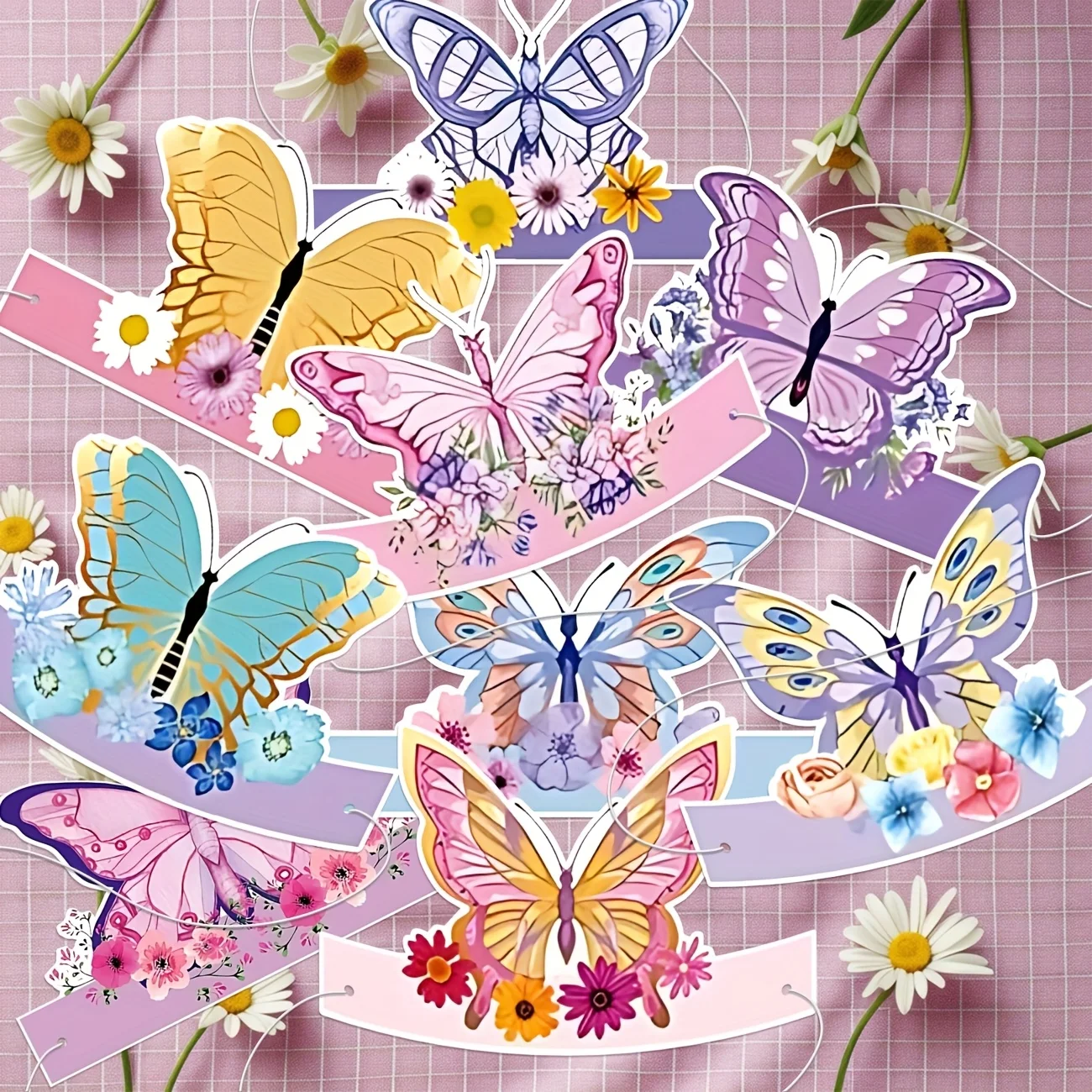 18 szt. Kapelusze na przyjęcie z motylami, różowe motylkowe kwiaty, rekwizyty do fotobudki, baner \"Happy Birthday\" z motylami, urocze urodziny