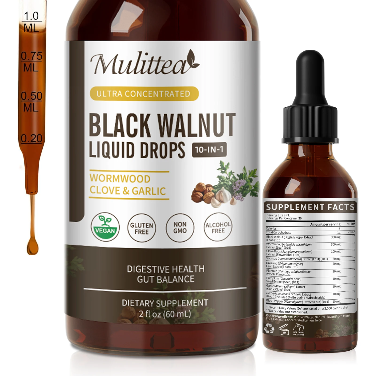 Mulittea 60ML Black Walnut Wormwood Drops Support Digestive & Intestinal Health Detoxification and Cleansing Boost Immunity