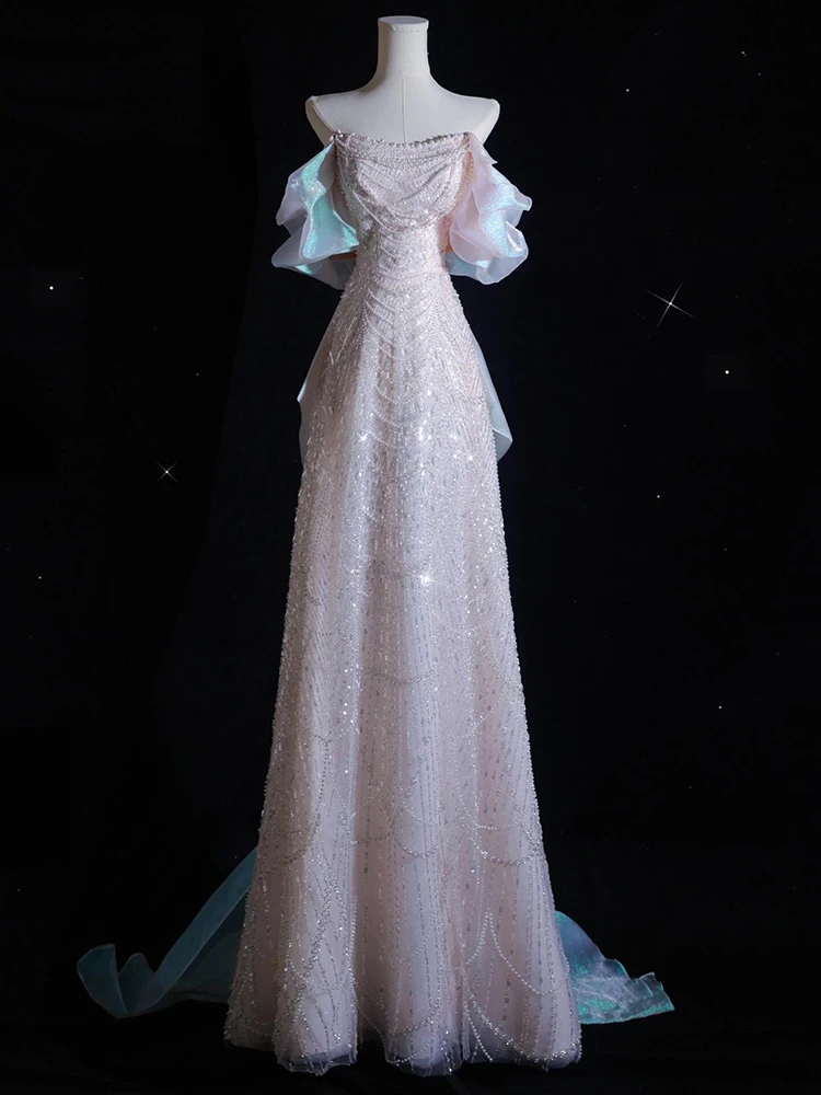 Ele rosa casamento dr com oulder arcos bordado pesado aduação desempenho vestido de baile noite saia longa