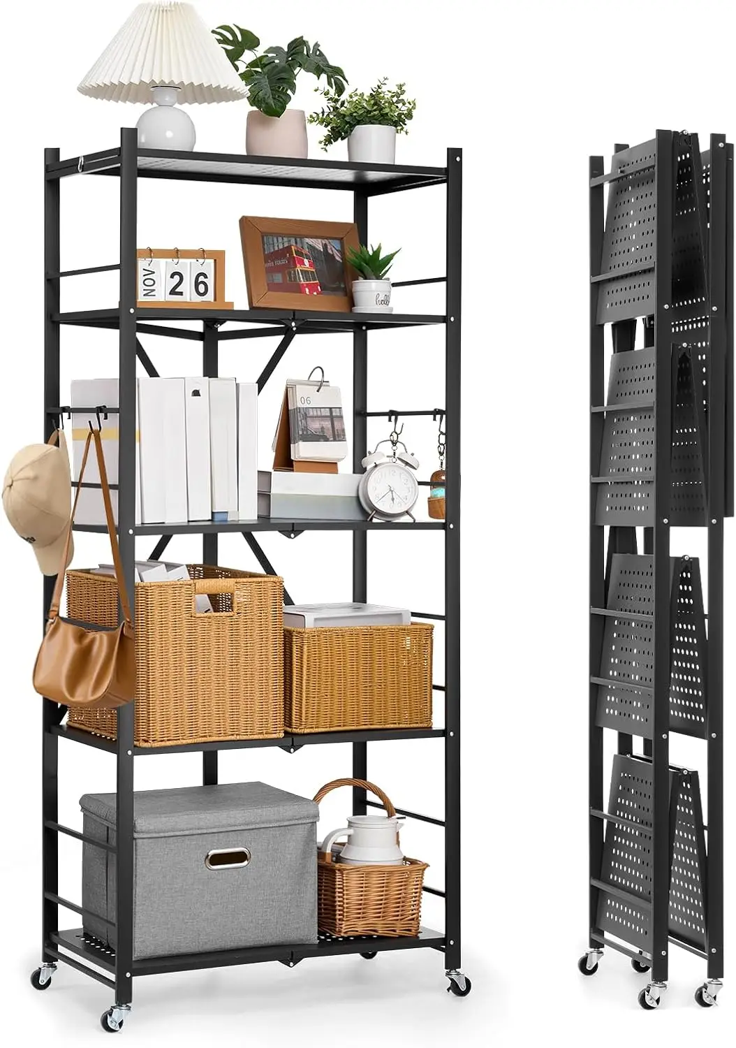 5-Tier Foldable Storage Shelf, 28W x 15D x 64H Inch Folding Metal Rack Shelving Unit, No Assembly Organizer Shelf with 5 Wheels