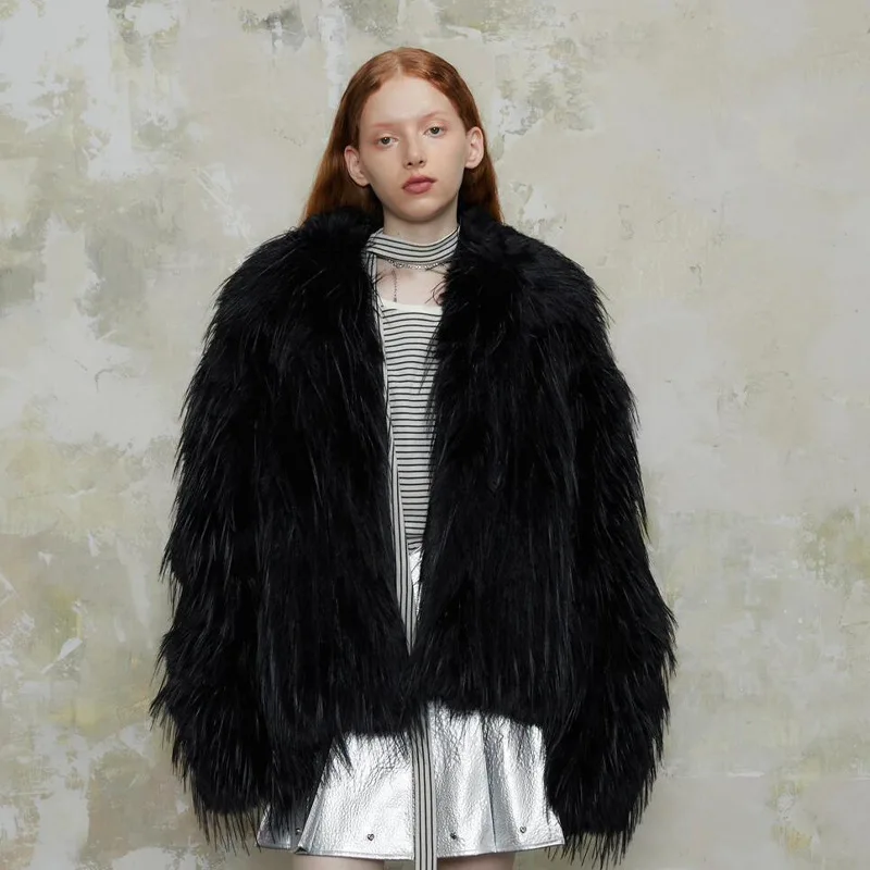 

For Lady Black Tassel Winter Women's Faux Fur Jacket Fluffy Long Hair Female's Eco Artificial Fur Coat Luxury Fake Fur Outwear