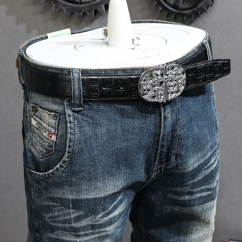 Italian Style Fashion Men Jeans Retro Washed Blue Stretch Slim Fit Ripped Jeans Men Trousers Vintage Designer Denim Pants Hombre