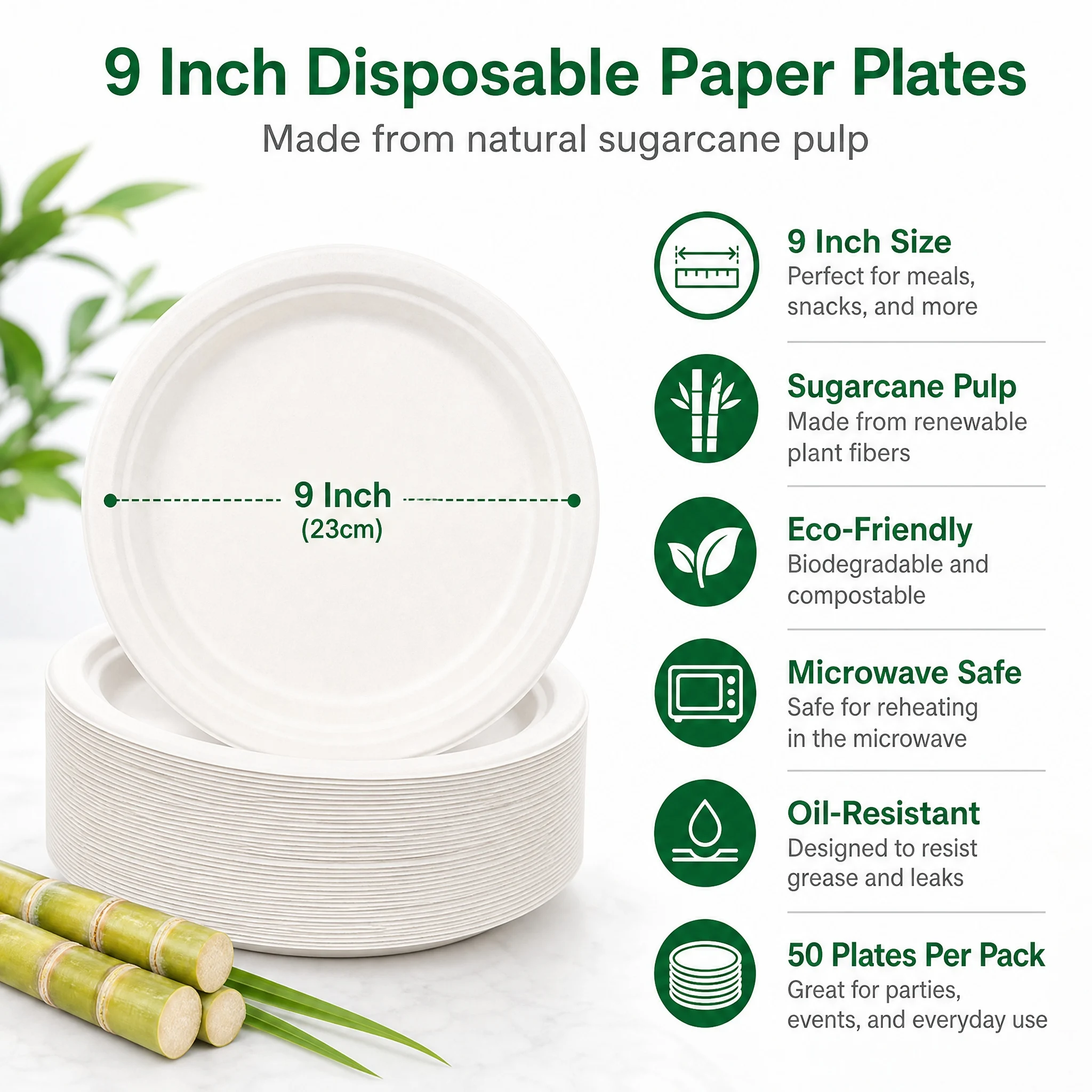 9 Inch Eco Plates 50 Pack, Made from Renewable Sugarcane, BPA-Free and Biodegradable, for Sustainable Parties and Daily Meals​