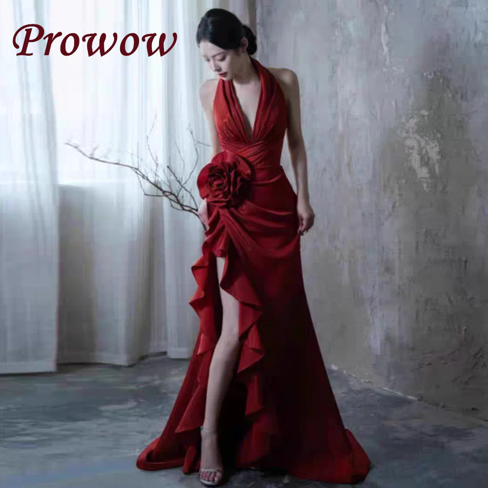 

Prowow Sexy Red A Line Prom Dresses Deep V Neck Ruffles Formal Evening Gowns Side Slit Pleats Flowers Floor Length Customized