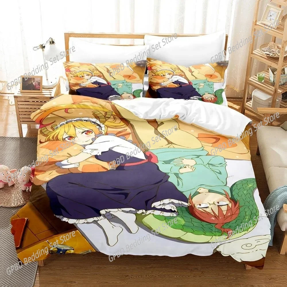 

3D Kawaii Girl Miss Kobayashi's Dragon Maid Bedding Set Anime three-piece set Adult Kid Bedroom Duvet cover Sets Home Textiles
