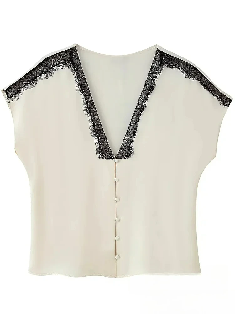 

KONDALA High Street Chic Women Blouse Patchwork Sleeveless V-Neck Single Breasted Loose Short Blouse Fashion 2025 Autumn Blouse