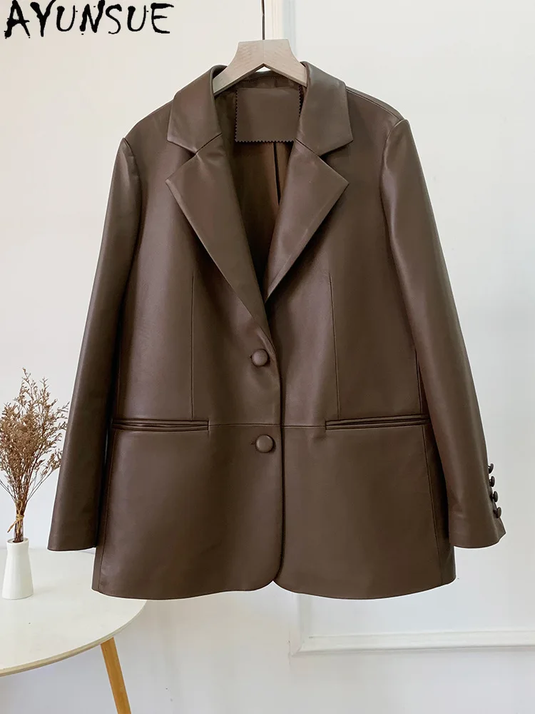 AYUNSUE-Veste en cuir véritable pour femme, manteau en peau de mouton véritable, vestes mi-longues, mode coréenne, 100%