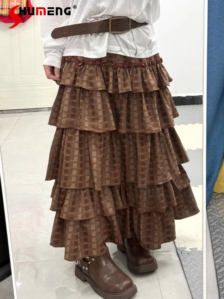 

Japanese Style Elegant Retro Patchwork Ruffled Layered Cake Skirts Elastic High Waist A-line Brown Plaid Long Skirt Women Autumn