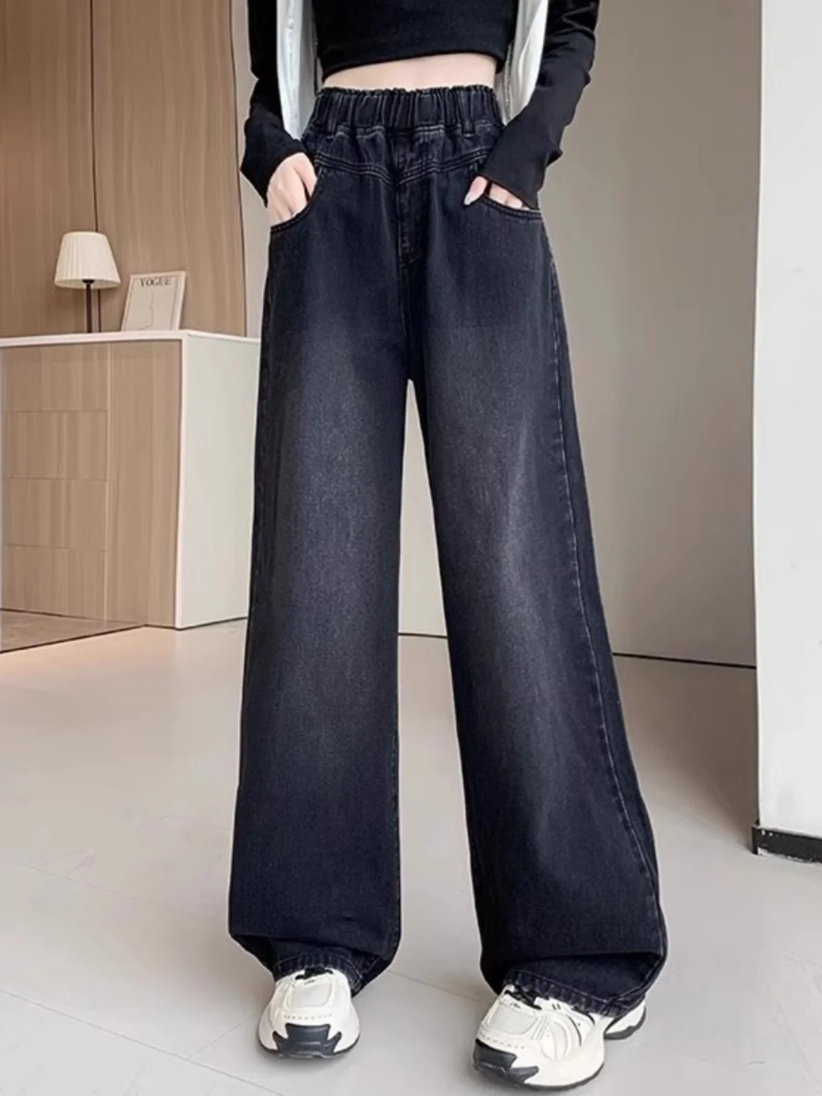 

Bla High Waist Loose Fit Elastic Waist Denim Jeans Women's Spring New Sle plus Size Wide Leg Pants Slimming Effect
