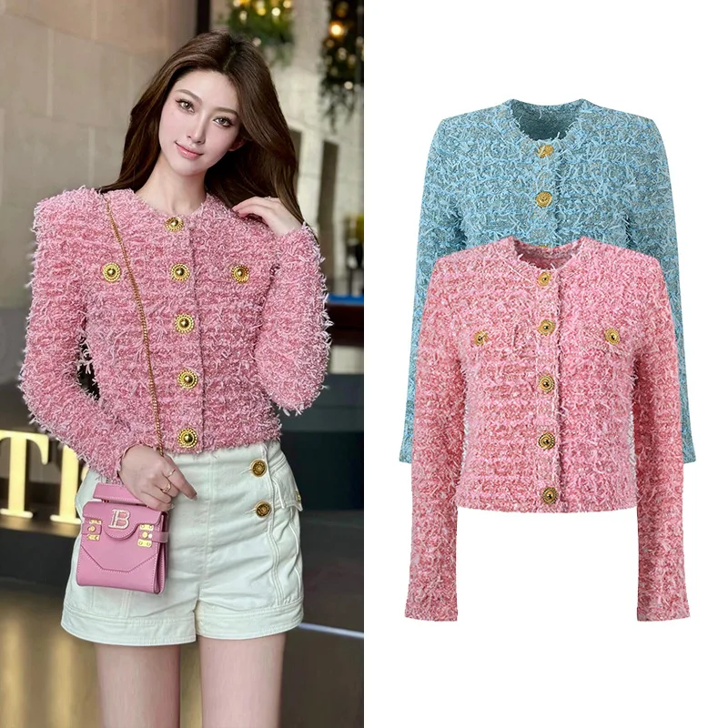 

Ele ort Пальто Осень Зима Новый Sle Металлический Синий Thiened Шерстяной Трикотаж круглый Neline Small Fraance Sle Женский...