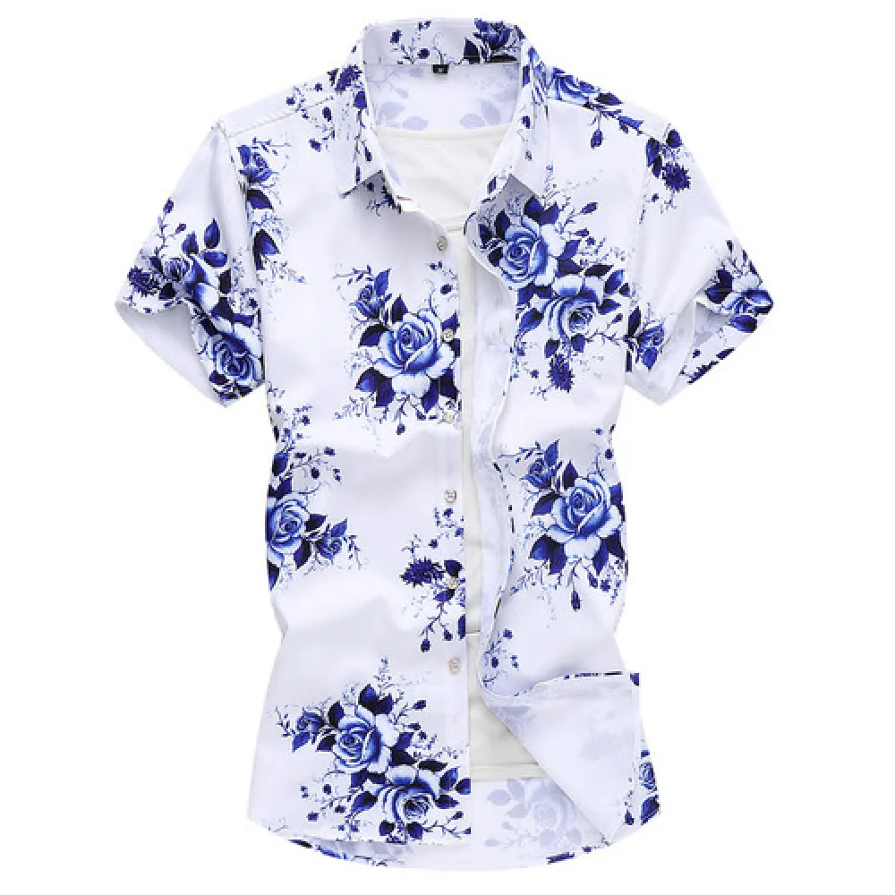 

Blue Printed Long Sleeve Shirt Men's Fashion Casual Shirts Single Breasted Lapel Printed Beach Vacation Leisure Shirt