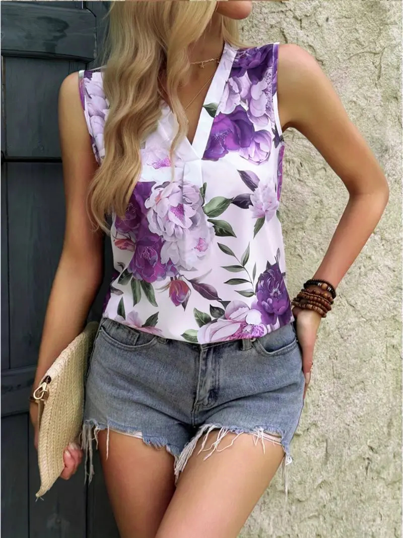 Minimally Designed V-Neck Sleeveless Commuting Shirt Casual Pullover Top with Loose Flesh Cover for Outerwear