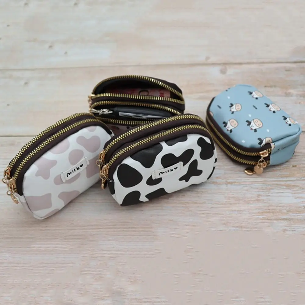 Sac de rangement portable mignon motif vache, porte-monnaie, double poche, fermeture éclair, portefeuille, carte, clé, rouge à lèvres, carte bancaire