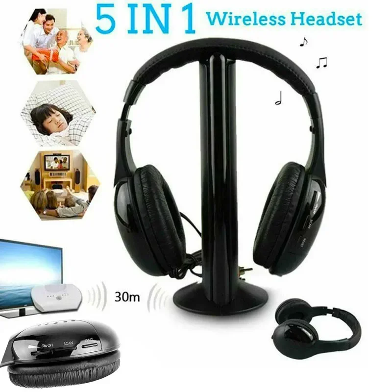 

High Quality Headsets 5 IN 1 HIFI Wireless Headphones TV/Computer FM Radio Earphones with Microphone Wireless Receiver MH2001