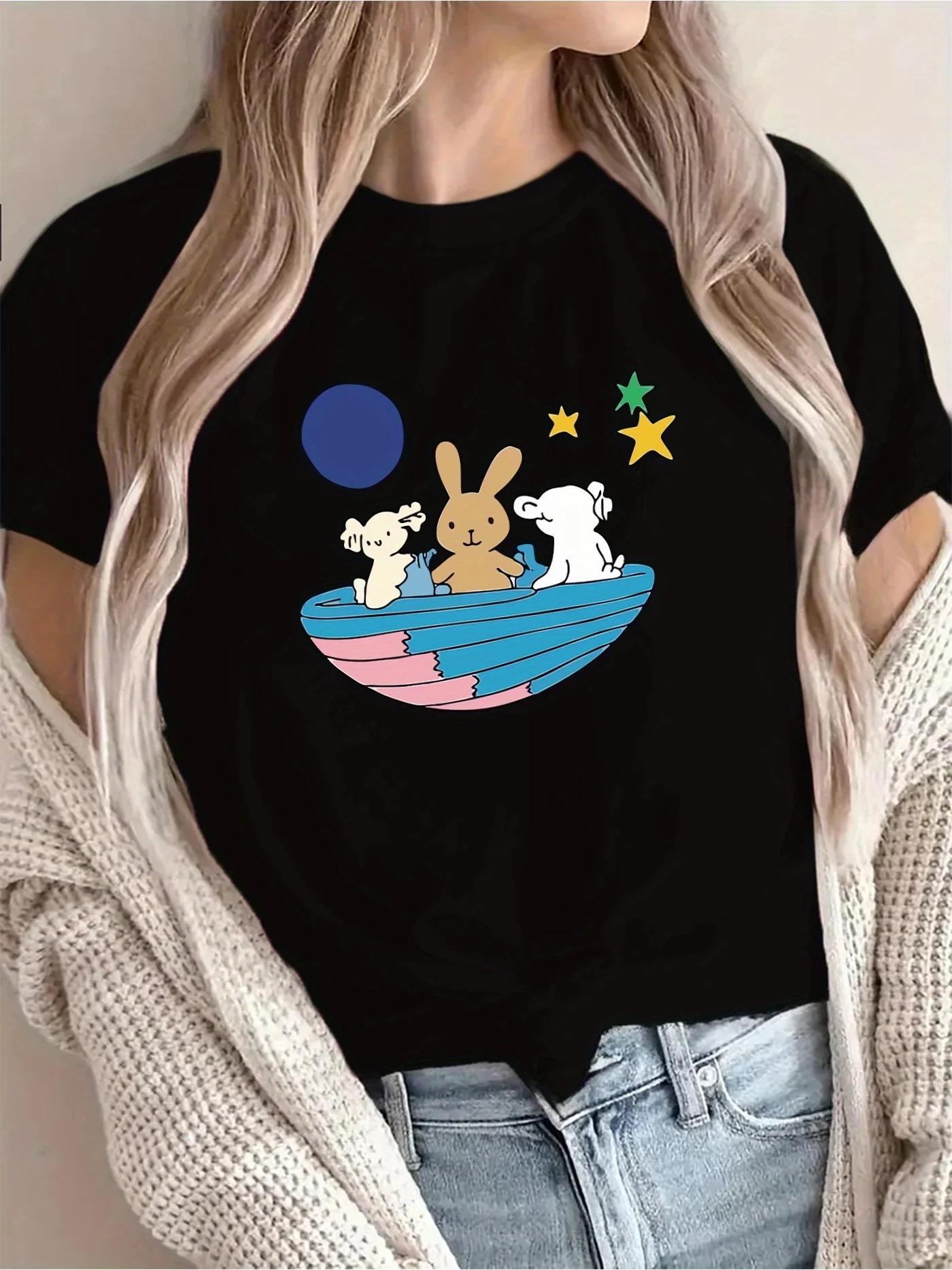 Cute Bunny Floating Pattern Print T-Shirt Women's Crewneck Casual Short Sleeve T-Shirt Summer Streetwear Tops Fashion Tees
