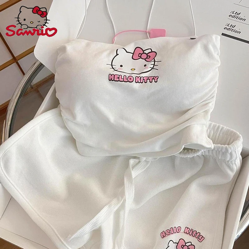 Sanrio Kawaii Hello Kitty Cute Cartoon Suspenders Set Women Summer New Girls Students Sweet Drawstring Shorts Homewear Outside