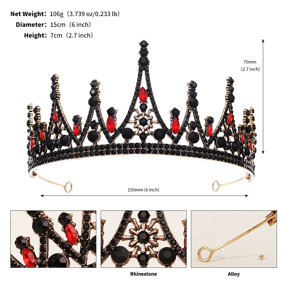 Halloween Vintage Prinzessin Königin Dunkle Krone Kopfbedeckung Kristall Tiara Für Frauen Rote Krone Haar Kleid Zubehör Schmuck – Detail 6