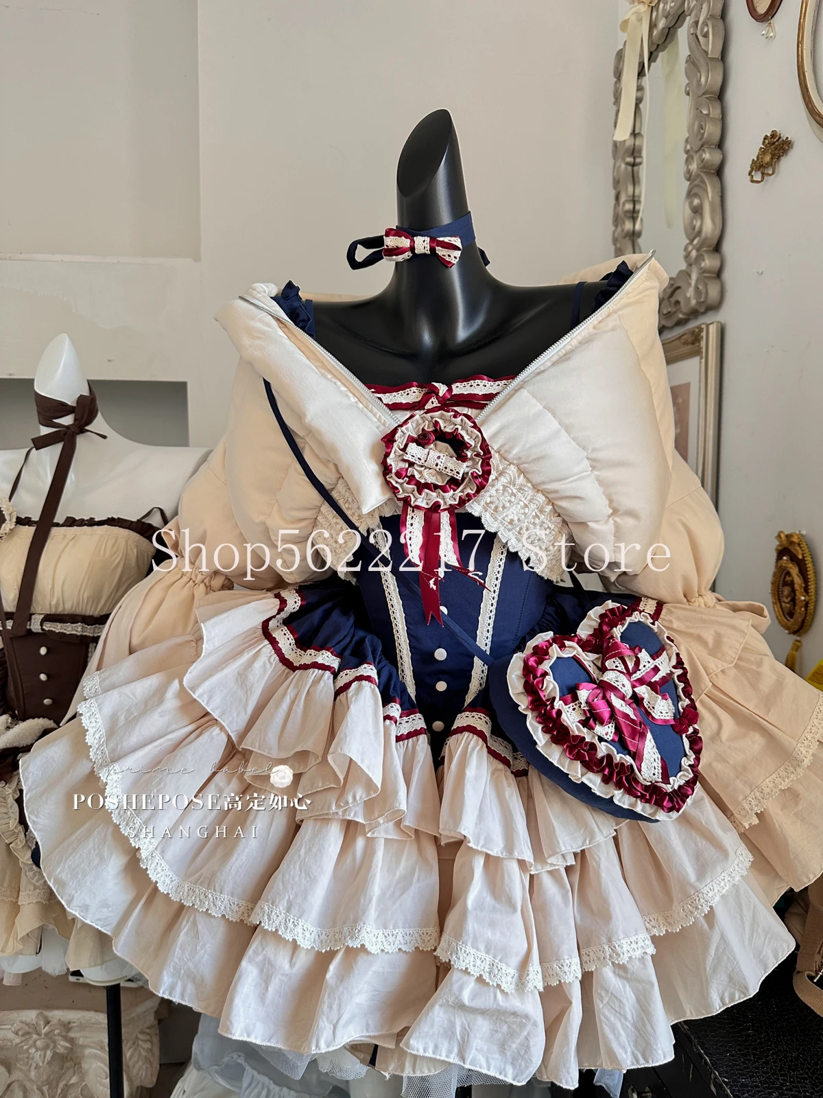 Original hochwertige Lolita-Sets, süßes Prinzessinnenkleid, elegante Spitzennähte, Slash-Ausschnitt, schulterfreies, bauschiges Kleid mit Love Bag