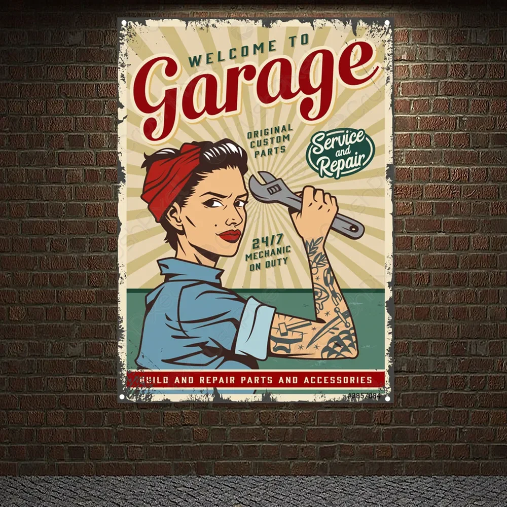 WELCOME TO GARAGE Vintage CAR FULL SERVICE Poster Auto Repair Shop Wall Art Banner Wall Painting Gas Station Home Decor Flag