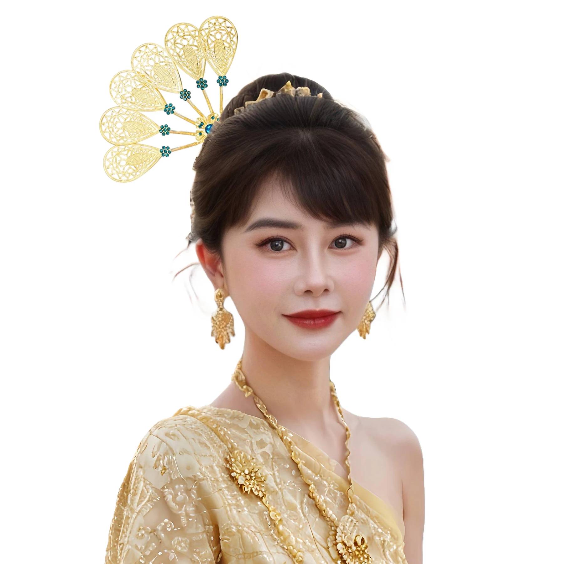 Trendy Gold Silver Color Hollow Leaf Fan Shape Hairpin Traditional Thai Dai Festival Travel Crystal Flower Headwear Hair Jewelry