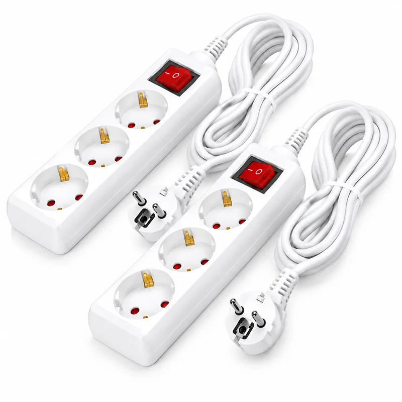Multipresa a 3 prese piatte, 1,4 m, multipresa bianca per interni, presa piatta, scocca in plastica resistente; multipresa bianca con interruttore a risparmio energetico, angolo di 45 gradi °