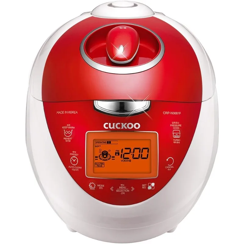 CUCKOO CRP-N0681FV 6-Cup (Uncooked) Pressure Rice Cooker | 16 Menu Options: Sushi Rice,Nu Rung Ji,Brown Rice & More, White/Red