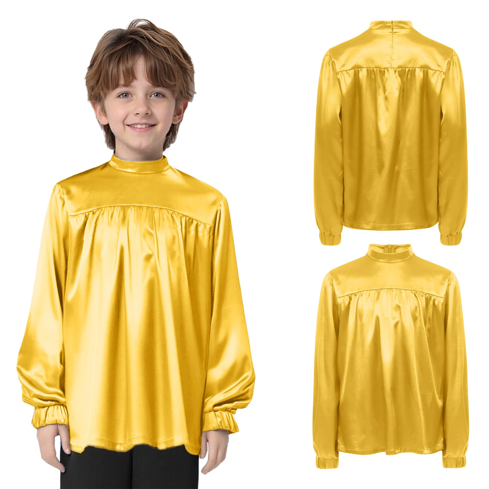 

Kids Boys Satin Praise Liturgical Worship Lyrical Dance Shirts Tops Long Sleeve Zipper Top Jazz Latin Praise Dance Costume Tops