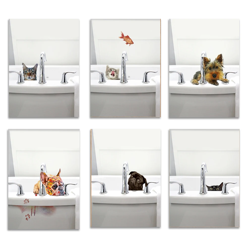 Dogs, bubbles, Yorkshire, a kitten fishing in the bathtub, cute wildlife decorative posters, humorous bathroom pet decorations