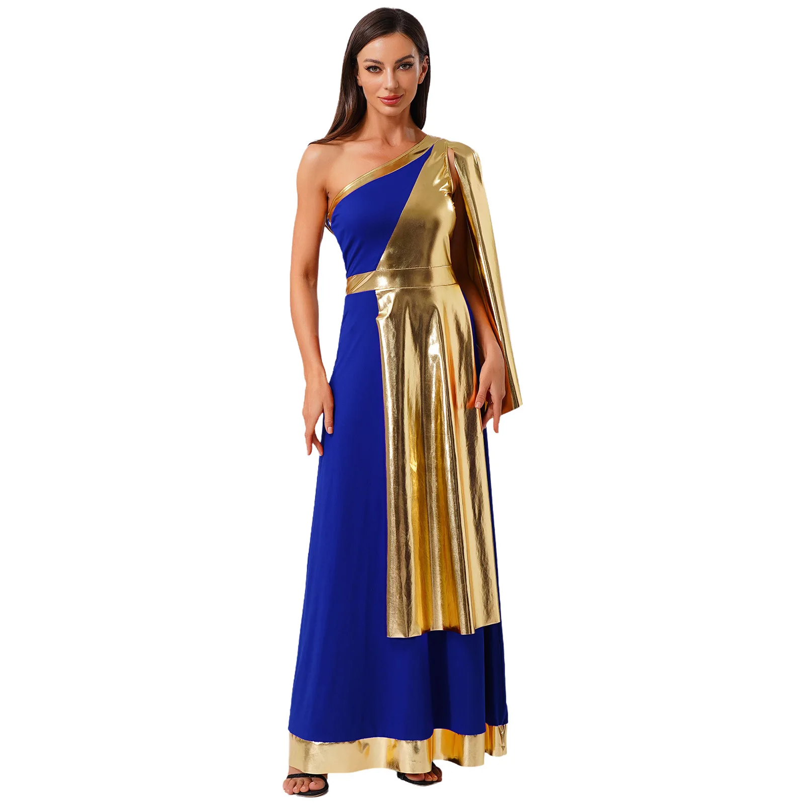 

Halloween Church Priest Cosplay Tunic Dress Women Elegant Sleeveless Metallic Toga Dress for Ancient Princess Queen Costume