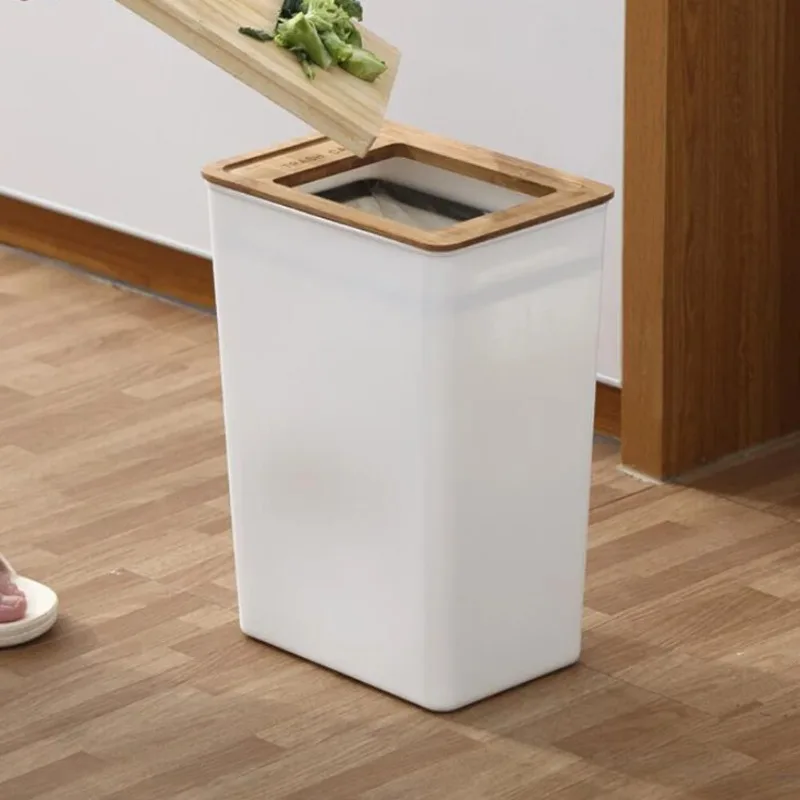 Rectangular Trash Can with Wooden Lid Ring Large Wastebasket White Garbage Bin Can Trash Container for Office Home Bedroom